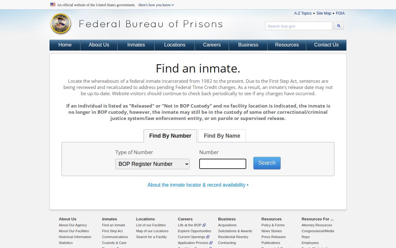 BOP federal inmate release locator for a Lincoln County custody check