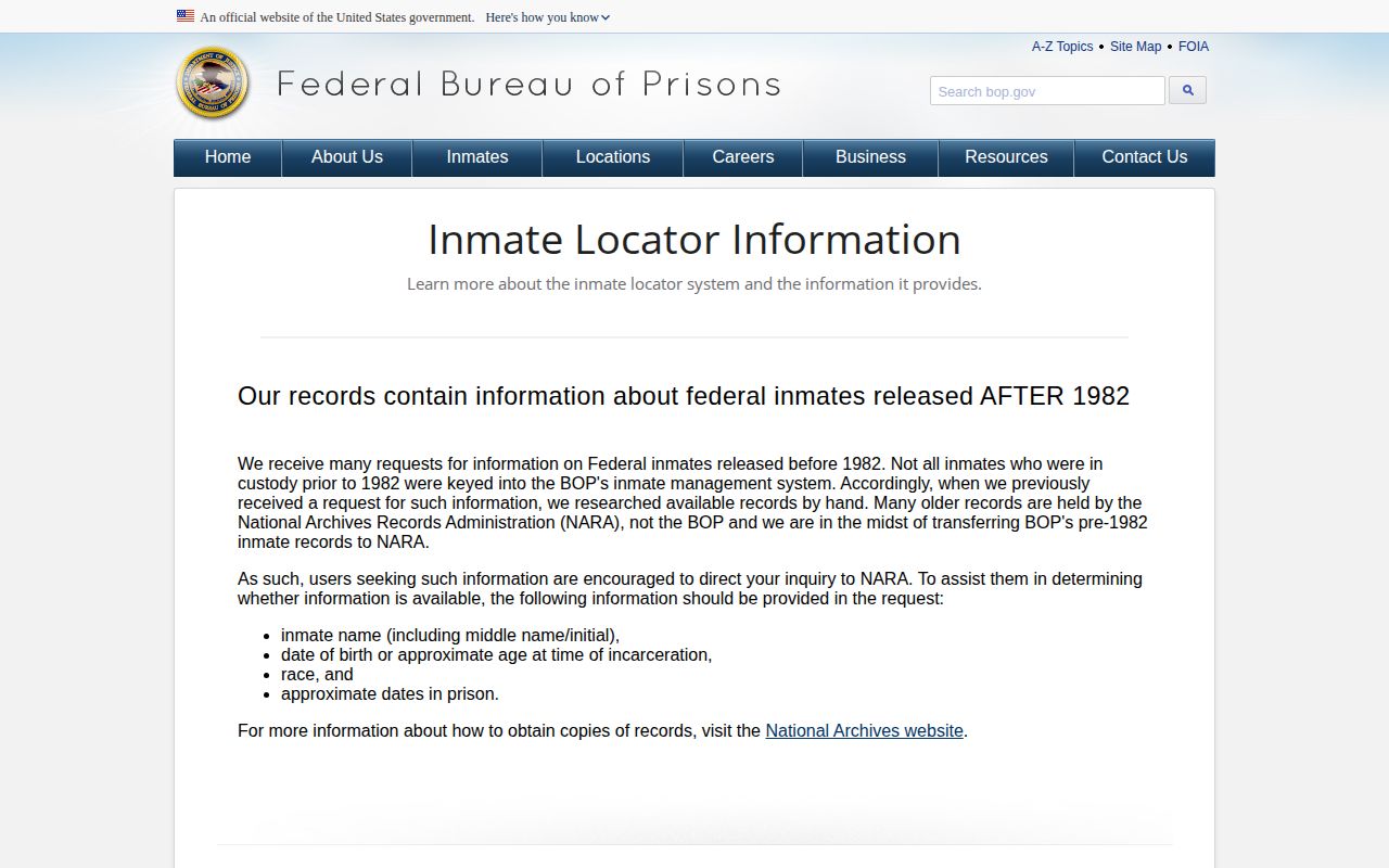 BOP released status and update guidance for federal release records linked to Lincoln County