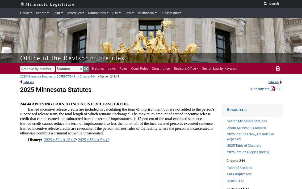 Minnesota earned credit statute affecting Lincoln County projected release